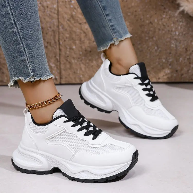 Hnewly  Spring Summer New Sports Shoes for Woman New Fashion Casual Platform Shoes Female Lace Designer White Mesh Sneakers Woman