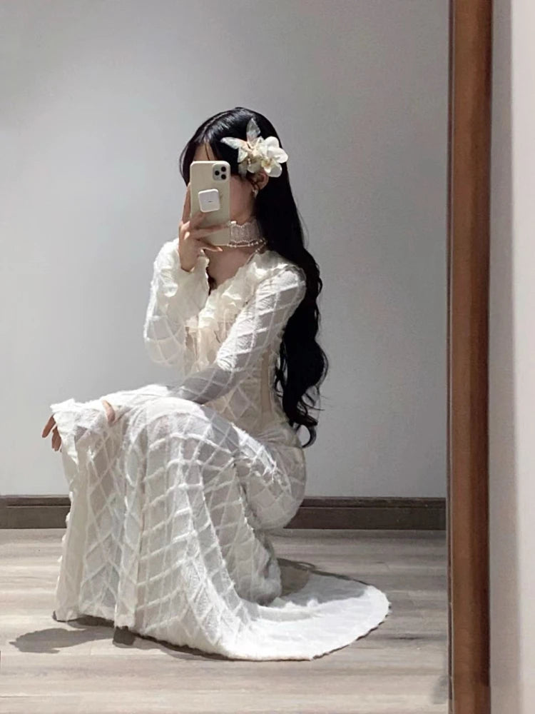Hnewly Elegant French 2 Piece Skirt Set Women Autumn Y2k Long Sleeve Blouse + Midi Skirts Vintage Suits Korean Fashion Bodycon