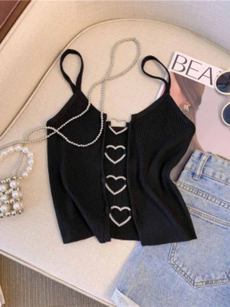 Hnewly summer inspo New Sexy Solid Ribbed Crop Sleeveless Top - Back Heart Decor Cami Top for Women Perfect for Spring & Summer