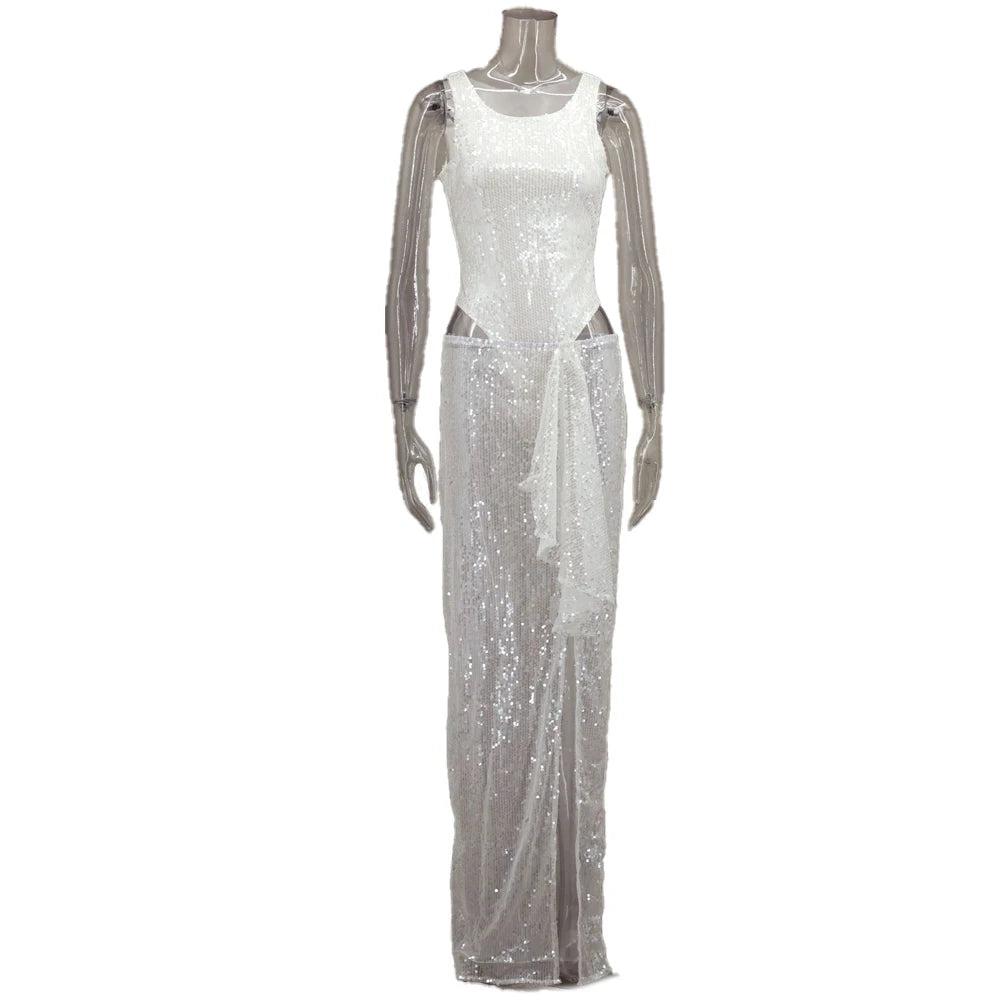 Hnewly  Maternity Sequin Two Piece Sleeveless Sparkly Pregnancy Photoshoot Maxi Dress Elegant Maternity Photography Gown for Pregnant