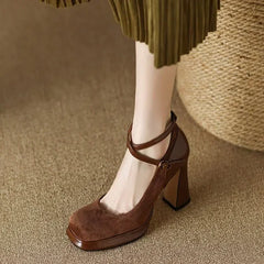 Hnewly Women's Autumn Footwear Heeled Shoes Woman 2024 Elegant Vintage Lolita Mary Jane Shoes Round Toe Chunky High Heels Party Shoes