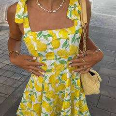 Hnewly  Summer Women's Pullover Sleeveless Camisole Plant&Flowers Printing Contrast Color Flattering Mini Skirts A-Line Beach Dresses