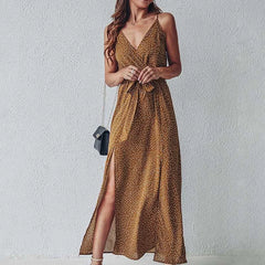 Hnewly  Summer Floral Print Long Dress Women Sexy Backless Bandage Slit Beach Sundresses Casual Elegant Black V Neck Sleeveless Dress