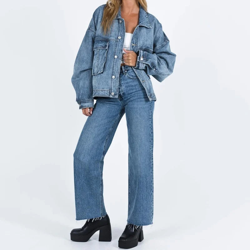 Hnewly Denim Jacket Women y2k Clothes Solid Color Turn-down Collar Single Breasted Long Sleeve Jeans Coat 2000s Streetwear