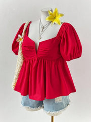 Hnewly  Plus Size Women's Pleated Deep V-Neck Red Casual Elegant Short-Sleeved Top Solid Colour Girlish Casual Casual Resort Wear
