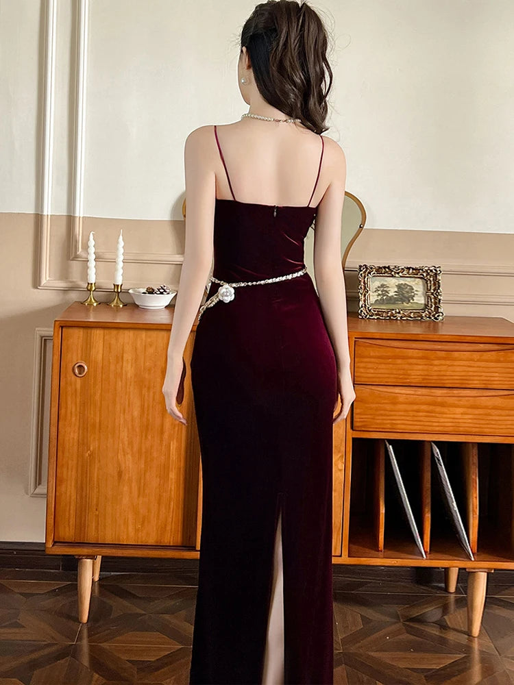 Hnewly prom dresses 2025 Elegant Annual Meeting Long Dress Women French Wine Red Black Velvet Strap Backless Slit Maxi Robe Femme Bottom Party Vestidos