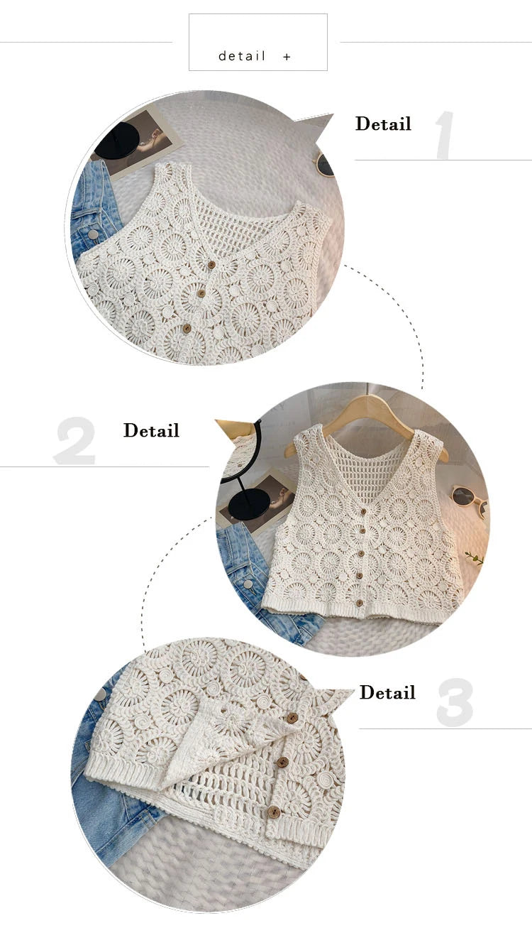 Hnewly Women Summer Hollow Out Knit Vest French Style V-Neck Sleeveless Hooked Flower Sweater 2023 New All-Match Outwear Short Top