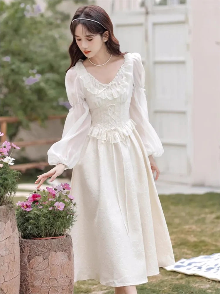 Hnewly French Slim Fairy Dress Lace-Up Patchwork A-Line Midi Dresses Korean Female Vintage Evening Party One Piece Vestido Mujer New