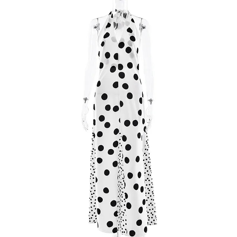 Hnewly  Elegant Dot Women's Dress Halter Sleeveless Backless Lace Up Printing Dots Maxi Female Dresses Summer Vacation Lady Robe