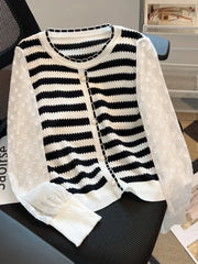 Hnewly  Striped knitted Sweater For Women's Spring Autumn French Elegant Round Neck Long Sleeved Patchwork Chiffon Loose All-Matched Top