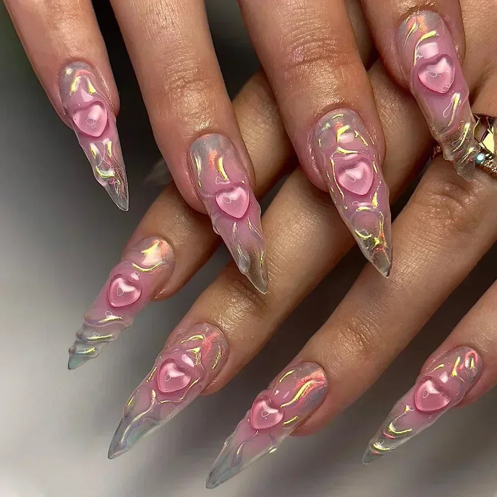 Hnewly 24Pcs French Almond False Nails Glitter with Rhinestones Wearable Fake Nails Artificial Simple Full Cover Press on Nails Tips