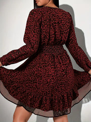 Hnewly  New Sexy V-Neck Leopard Print Long-Sleeve Dress Plus Size Women Clothing American Slim A-Line Skirt Elegant Party Evening Dress
