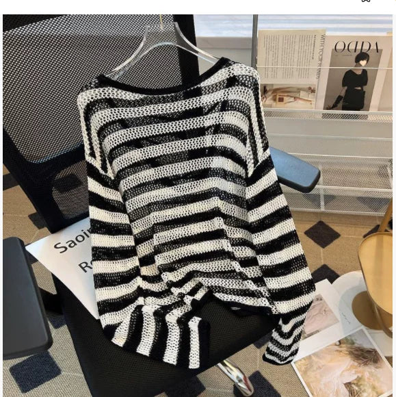 Hnewly Black White Striped Ice Silk Knitted Sweater Women Long Sleeved Loose Lazy Style Mesh Pullover Spicy Girl Hollow Out Top