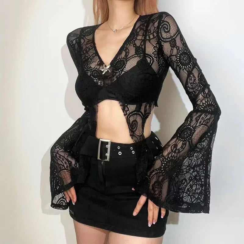Hnewly Sexy See Through Mesh Women Blouse Fashion Gothic V Neck Flare Sleeve Sunscreen Cardigan Y2K Summer Hot Girls Lace Crop Tops
