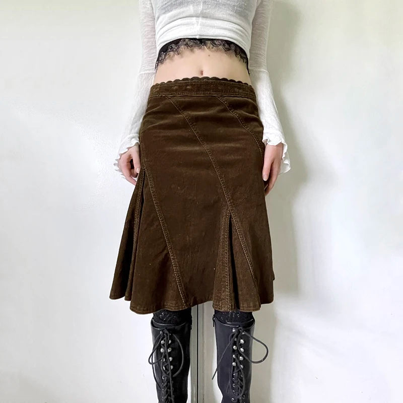 Hnewly Grunge y2k Brown Skirt Spring Autumn Retro Lace Stitching Low Rise A-line Midi Skirts for Women Vintage y2k Clothing Lady