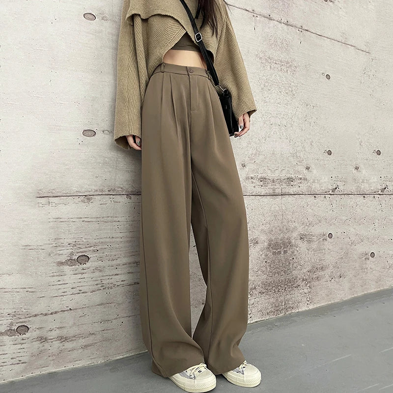 Hnewly  Korean Fashion High Waist Suit Pants Women Autumn Office Wide Leg Straight Trousers Ladies Chic Solid Color Pocket Pants