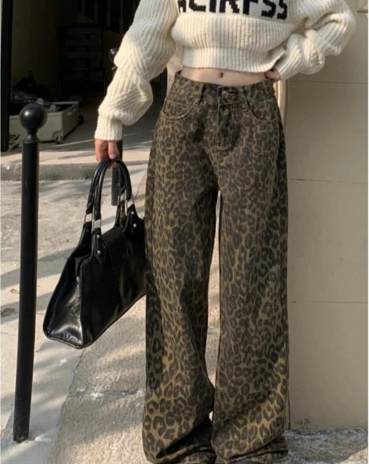 Hnewly Vintage Leopard Print Pantalon Femme Wide Leg Pants Women High Waist Straight Y2k Jeans Casual Fashion Korean  Jean Trousers