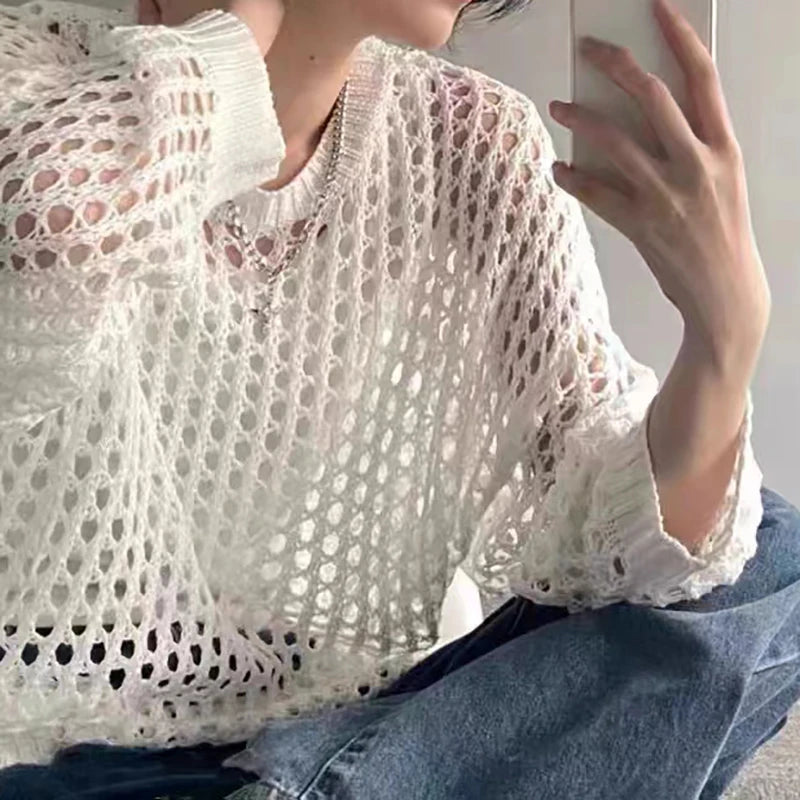 Hnewly  Women Mesh Top Oversized Long Sleeve T-shirts Crew Neck Loose Casual Knit Tees See-Through Openwork Knit Top Women Spring Summer