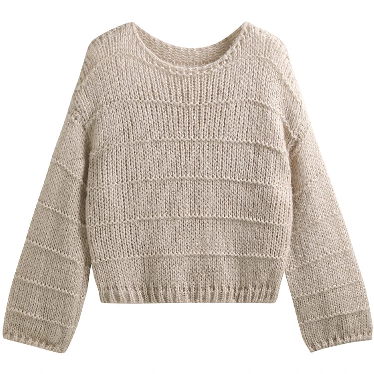 Hnewly  Crop Sweater for Women Long Sleeve Boat Neck Knitted Pullover Plain Jumper Ladies Autumn Winter Casual Chic Outfit