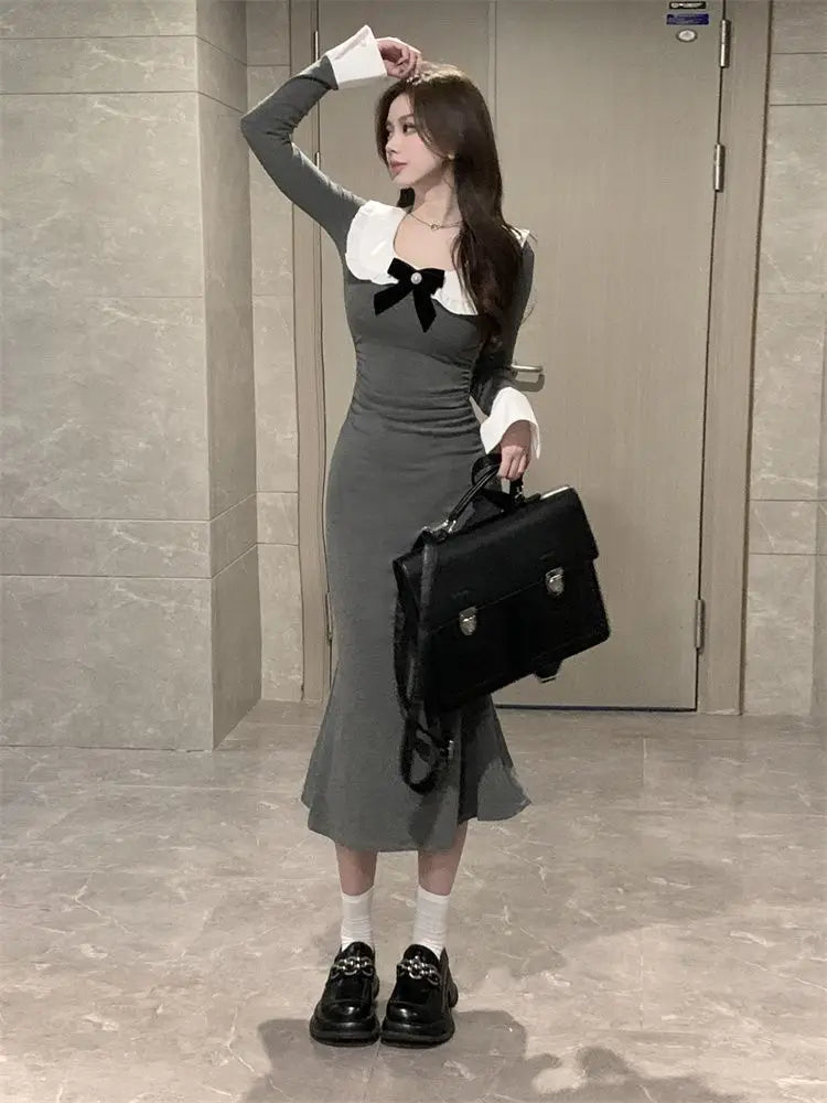 Hnewly spring 2025 fashion trend Baby Doll Collar Long Sleeve Women High-end Slimming Fishtail Long Dress