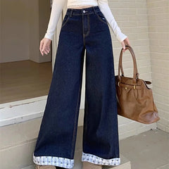 Hnewly  Chic Dark-Blue Patchwork Jeans for Women Korean Letter Bowknot Embroidery Jeans Woman Spring Autumn High Waist Pants Female