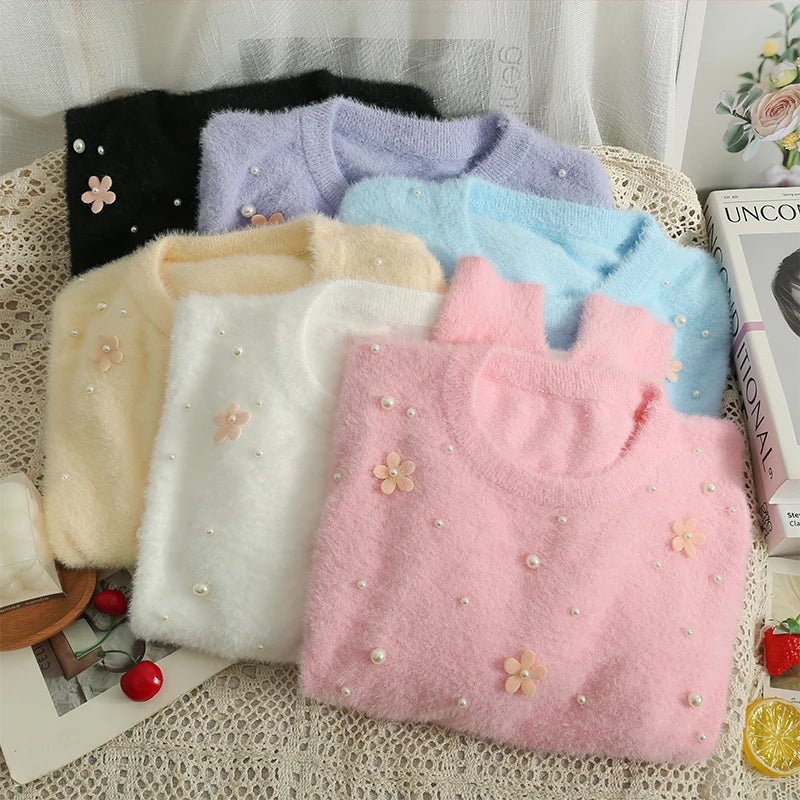 Hnewly  Women's Short Sweater Autumn Winter Fashion Beaded Slim Long Sleeve Pullover Korean Versatile O-neck Loose Knitted Tops