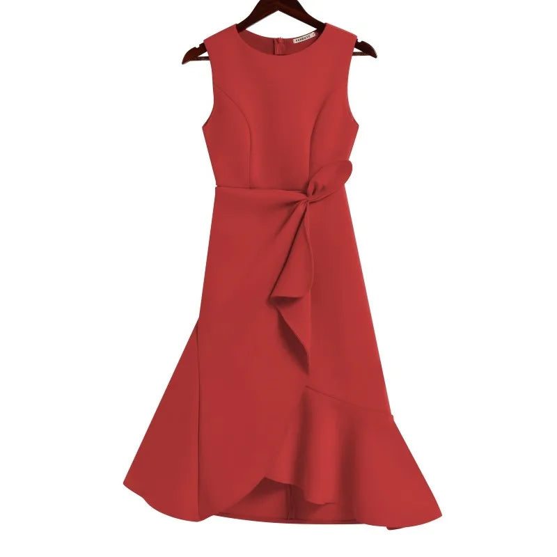 Hnewly  Red Sleeve Dress Female Spring Summer Women Slim Waist Knot Front Ruffle Detail Cocktail Mermaid Dresses