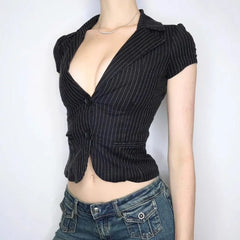 Hnewly  American Sexy V-neck All-match Striped Shirt Women New Slim Waist Blouses Summer Short Sleeve Black Blusas De Mujer