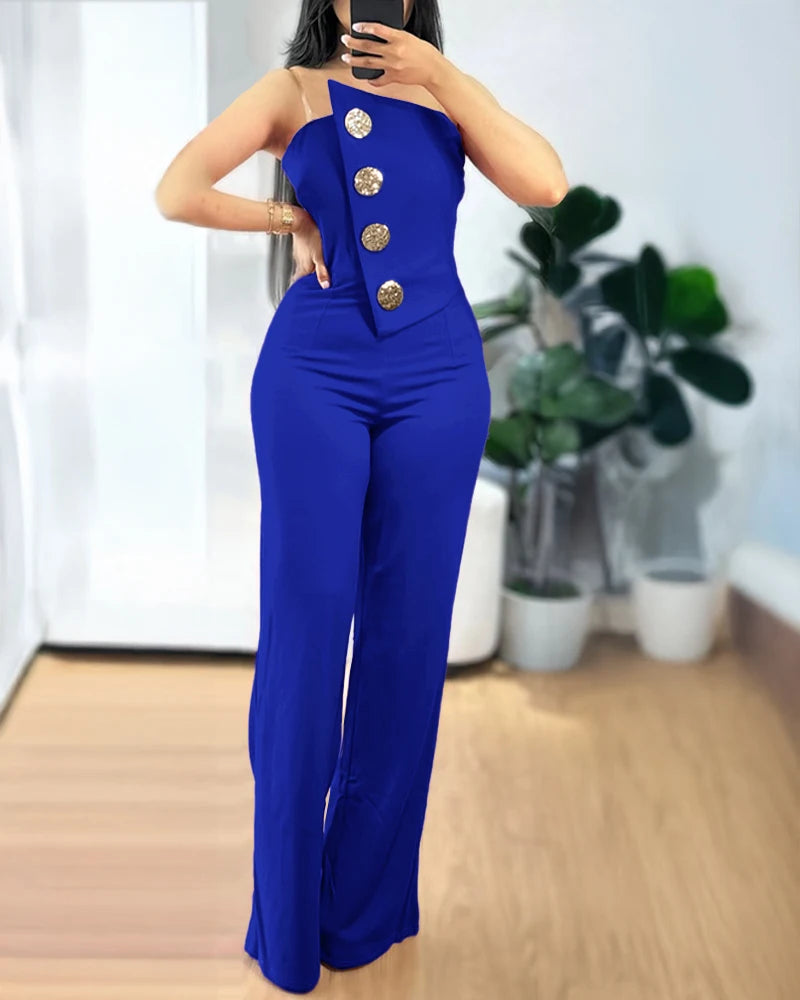 Asymmetrical Bandeau Strapless Jumpsuit Metal Button Decor Casual Overalls