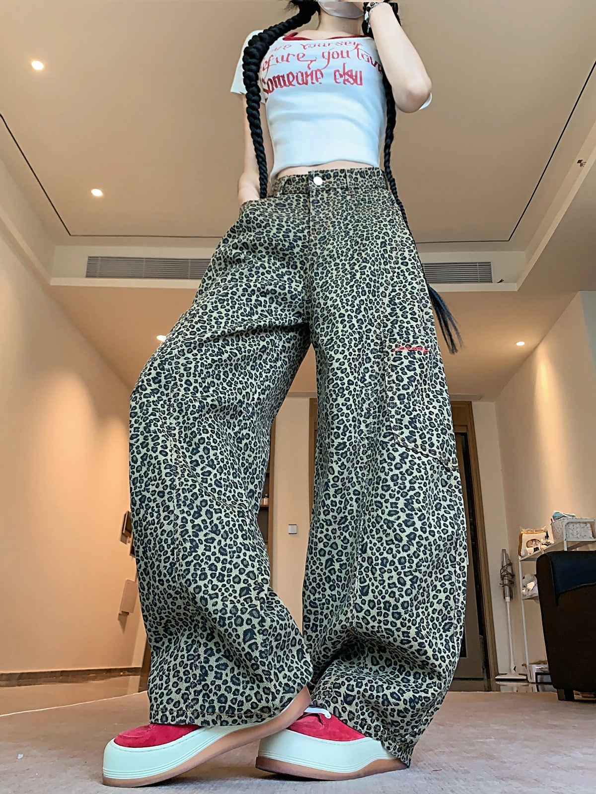 Hnewly  Baggy Leopard Print Jeans for Women Retro American High Waisted Y2k Denim Pants Hip Hop Straight Wide Leg Cargo Jeans