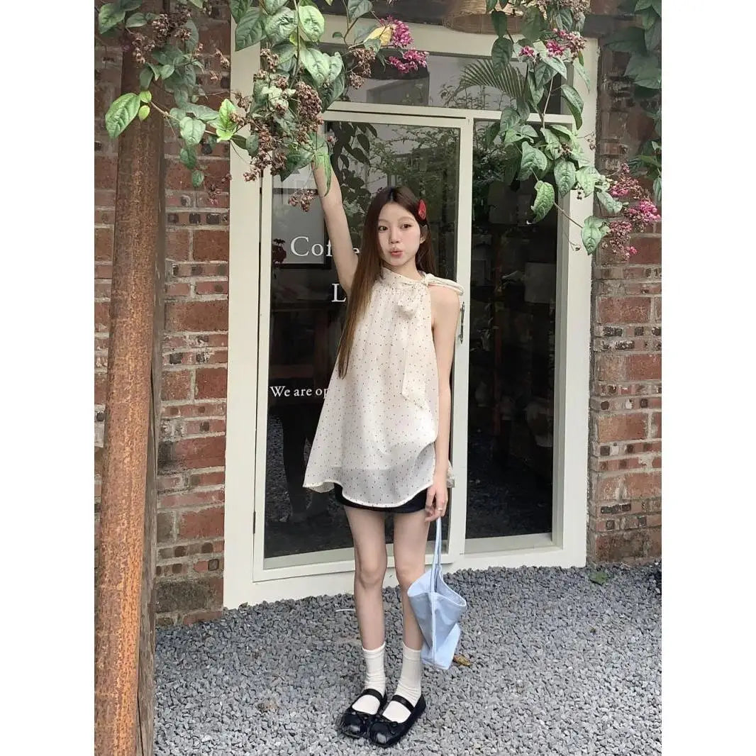 Hnewly  Bow Halter Lace Up Blouses Women Polka Dot Korean Tender Princess Style Sleeveless Tops Summer New Design Students Sweet Girls