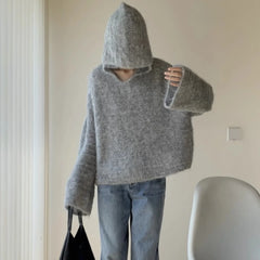 Hnewly  Grey Mohair Knit Hooded Sweater for Women Loose Bell-Sleeve Pullover Hoodie Female Autumn Winter Casual Chic Outfit