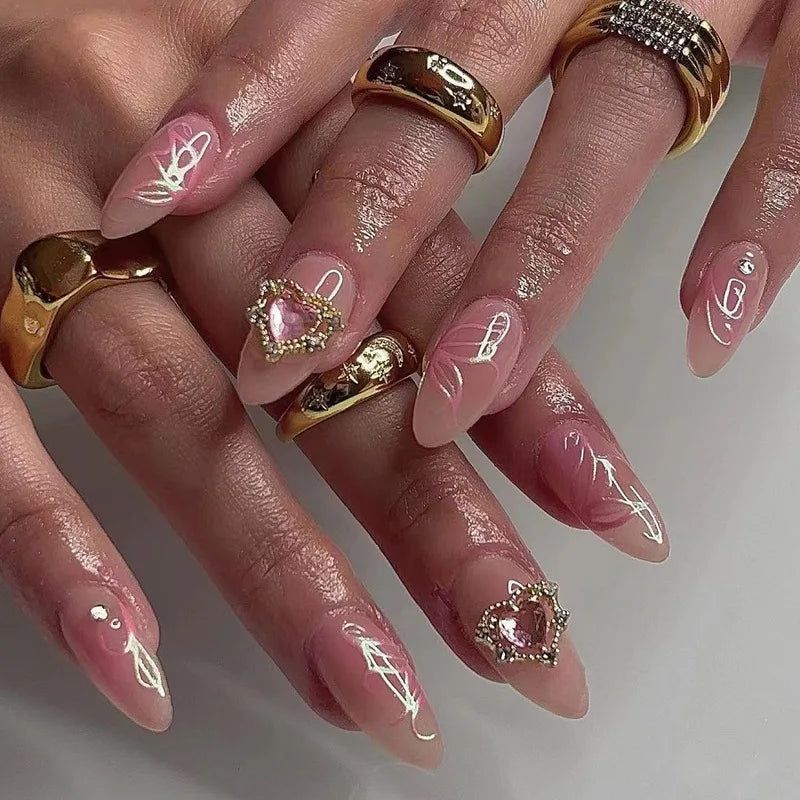 Hnewly 24Pcs Y2K Press on Nails Diamond Star Love Designs Almond False Nails Artificial Butterfly Fingernail Full Cover Fake Nail Tips