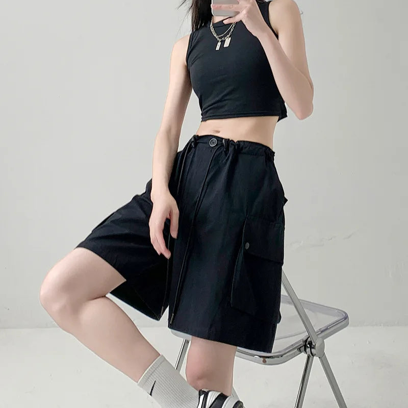 Hnewly  Y2K Cargo Shorts Women Harajuku Black Oversized Wide Leg Shorts Summer New Streetwear Fashion High Waist Baggy Short Pants New