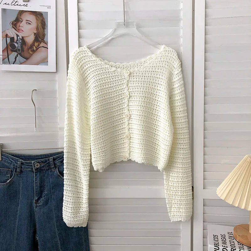 Hnewly  Crochet Cardigan for Women Sheer Openwork Knit Long Sleeve Button Up Crop Top Teen-girl Shrug Cardigan Autumn Spring Y2K Outfit