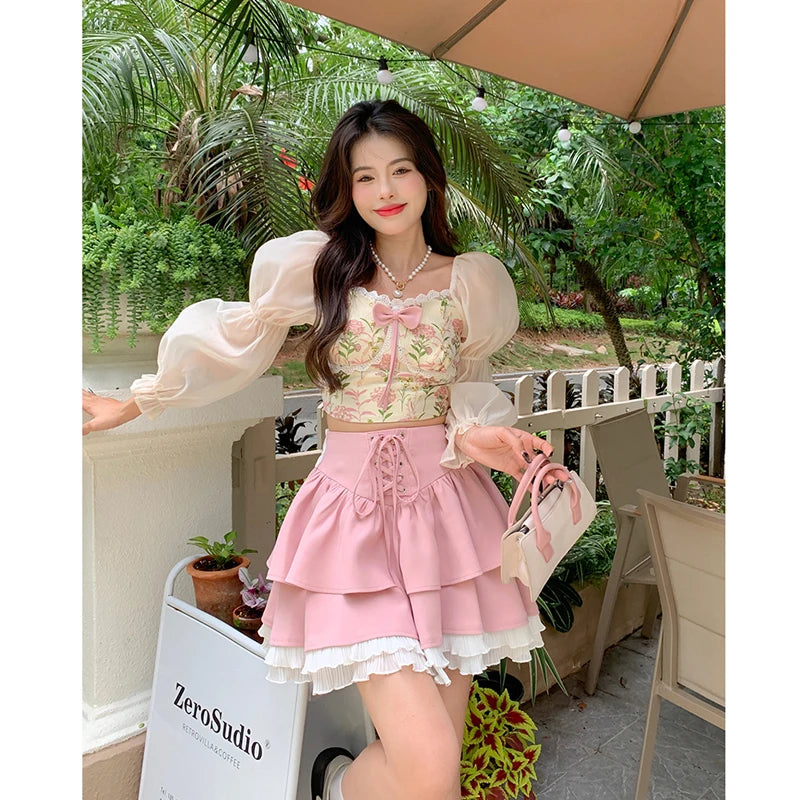 Hnewly Autumn Pink Kawaii Mini Skrts Women Lace Patchwork Korean Fashion Party Skirt Female Casual Chic Designer Bandage Skirts
