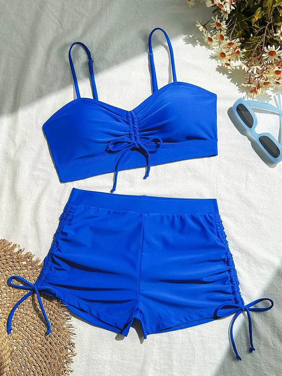 Hnewly  Wrinkled Knotted Shorts High Waist Bikini Female Swimsuit Women Swimwear Two-pieces Bikini set Tankini Bathing Suit Swim Beach