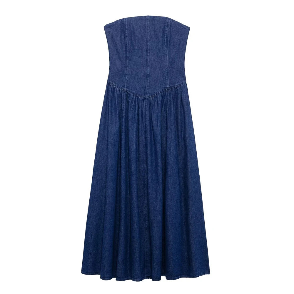 Hnewly  Maternity Photoshoot Strapless Denim Dress Deep Blue Waist Cinch Full Skirt Pregnancy Photo Outfit Baby Shower Rustic Studio Pro
