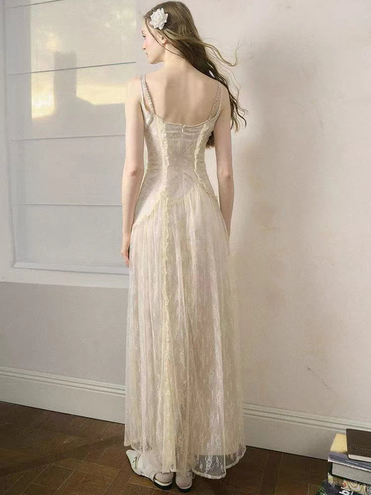 Hnewly Elegant Lace Patchwork Camis Dress Women Summer Sexy Backless Hollow Out Midi Dress Y2K Fashion Lace Up Streetwear Vestidos