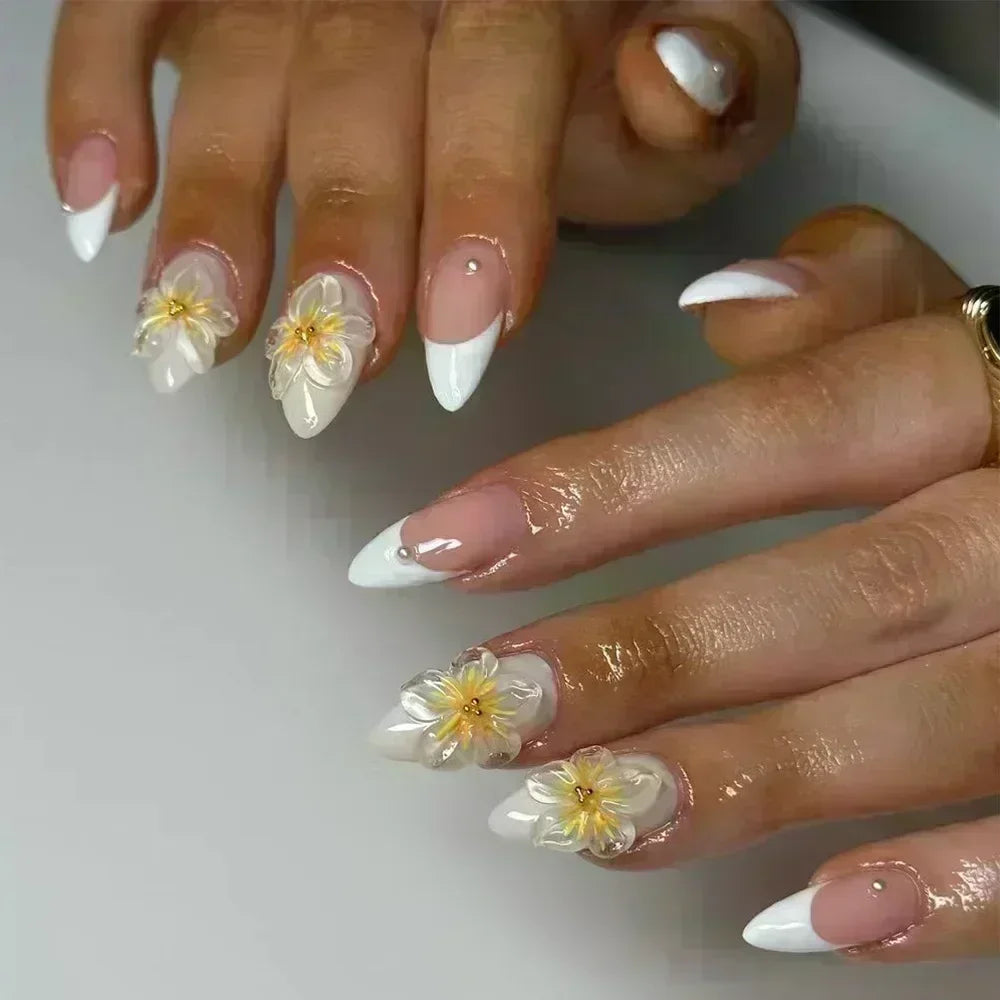 Hnewly 24pcs Detachable Flower Almond bowknot French False Nails Stars Love Glitter Design Press on Nails Fake Nials DIY Manicure Nails