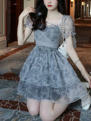 Hnewly  Summer Pink Kawaii Lolita Dress Women Mini Puff Sleeve Beach Casual Elegant Fairy Dress Print Korea Cute Party Dress Female