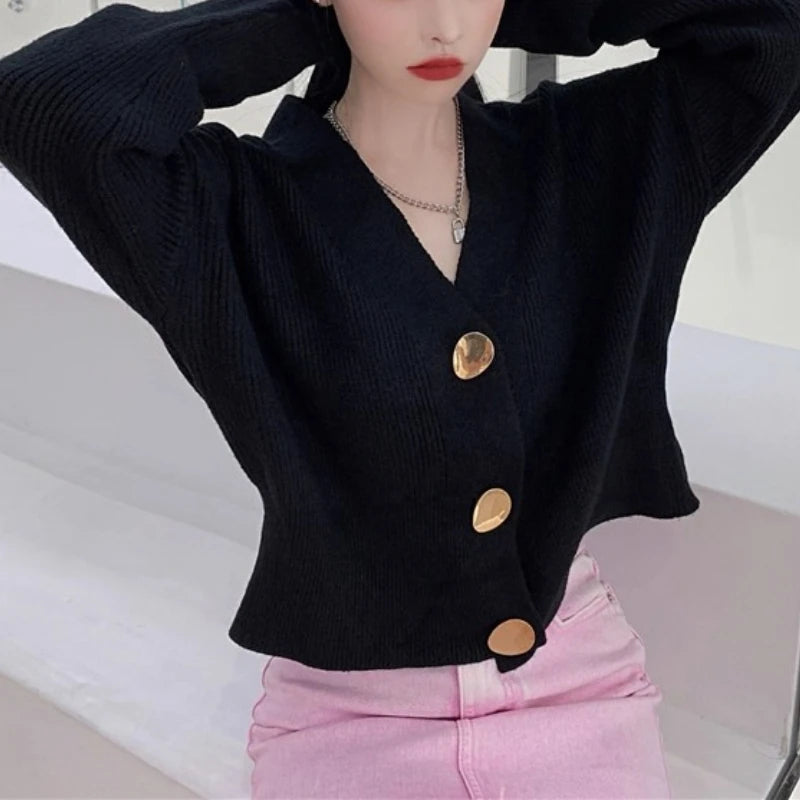 Hnewly  Metallic Gold Button Cardigan Women Rib Knit Long Sleeve V-neck Button-up Crop Jacket Korean Fashion Fall Winter Outfit