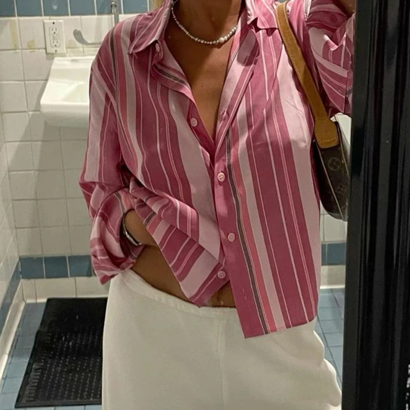 Hnewly Vintage Striped Print Blouse Pink Button Up Full Sleeve Crop Top for Women y2k Sweet Tees Autumn Fashion Streetwear Shirt