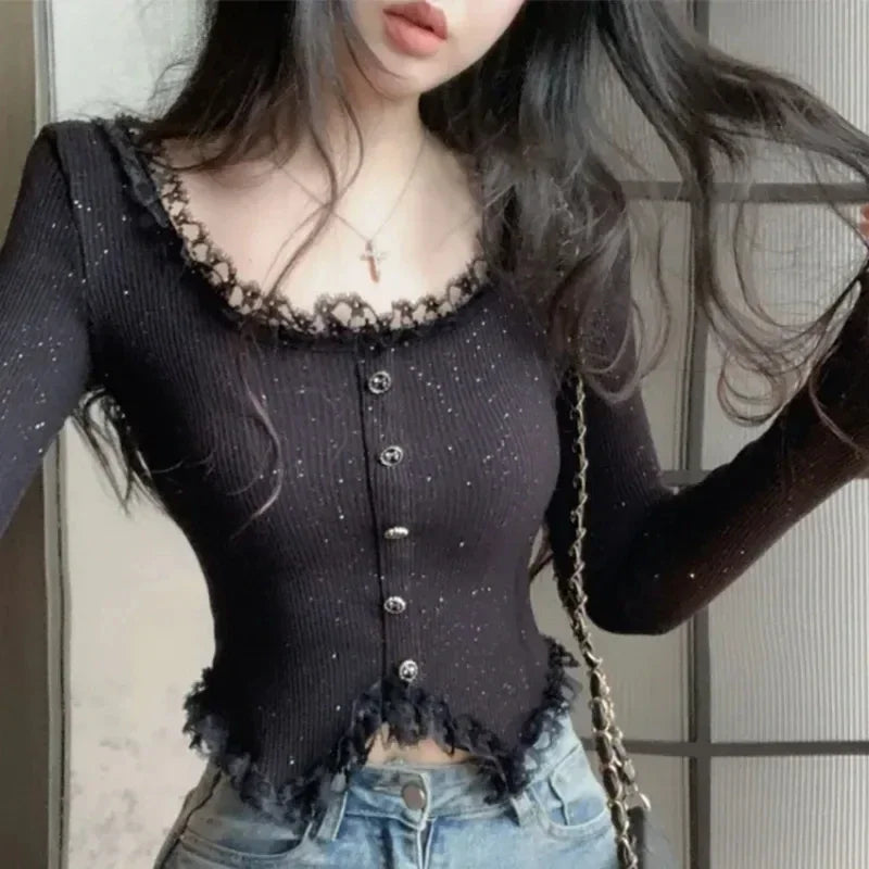Hnewly Women Shirt Square Collar Chic All-match Long Sleeve Korean Fashion Autumn Sweet Spicy Girls Slim Fit Mujer Hotsweet