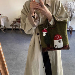Hnewly  Mushroom House Tote Bags for Women Handbag Handmade Yarn Woven Bag Cute Crochet Shoulder Bag Wool Knitting Shopper Purses Clutch