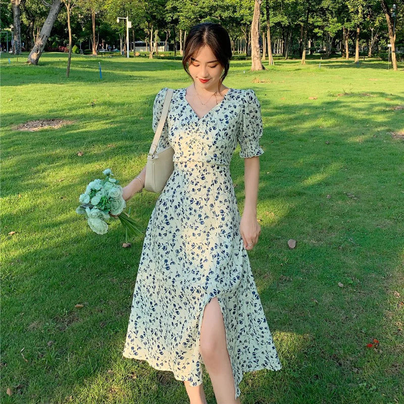 Hnewly Harajuku Floral Dress for Women Party French Vintage Retro Office Lady Casual Club Mini Sexy Dresses Summer New Clothes