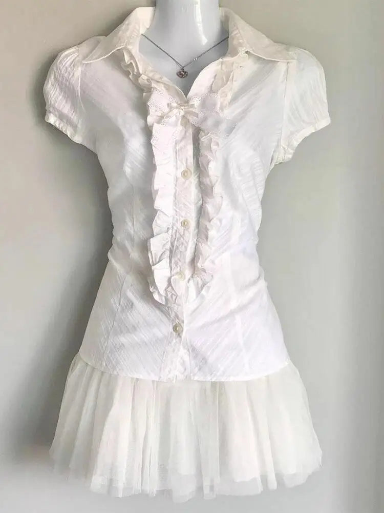 Hnewly Y2k Tops T shirt 90s Vintage Clothes Women White Punk Slim Bow Aesthetic Lace Harajuku Girl Tees Crop Top Femme Short Sleeve Tee