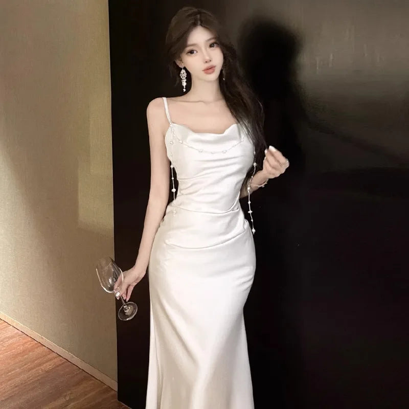 Hnewly  Sexy Dresses Women Sleeveless Slash Neck Satin Elegant Slim Summer Fashion Temperament Party Dress Female Sexy Backless