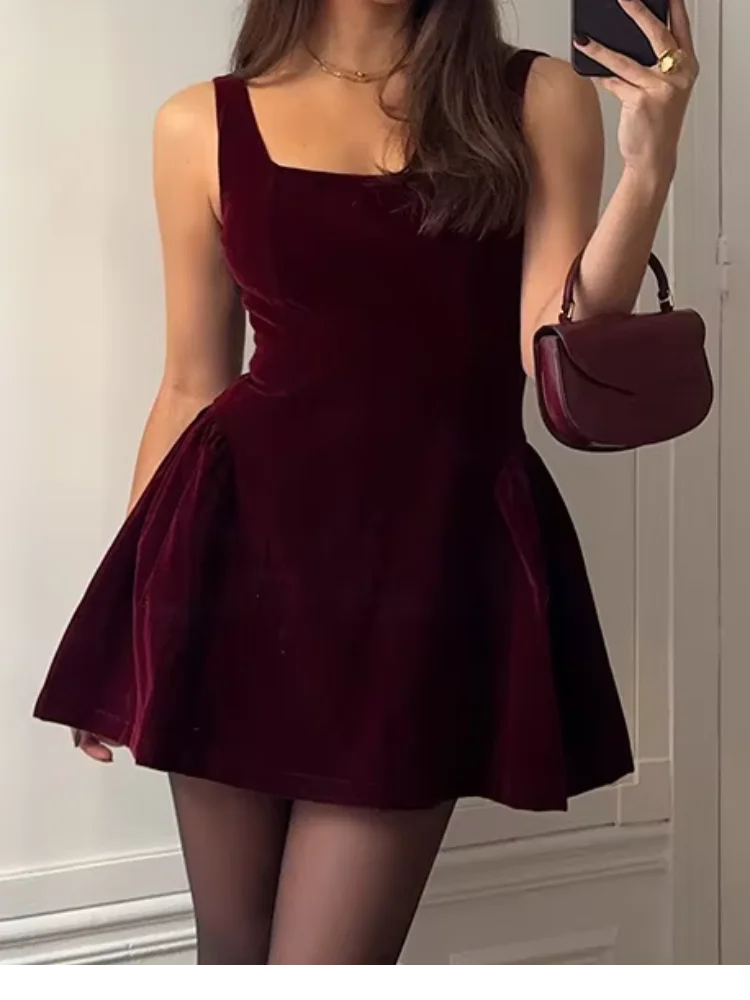 Hnewly  Elegant Women's Dress Halter Sleeveless A-line Velvet Solid Female Evening Dresses Autumn Fashion Chic Party Lady Mini Robe