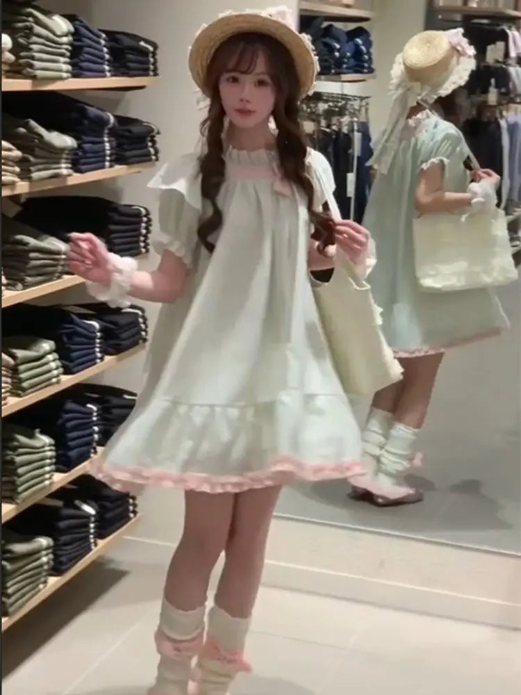 Hnewly  Mini Dresses Women Sweet Bow Ruffles Patchwork Puff Short Sleeve Summer Fashion Casual Party Dress Princess Casual